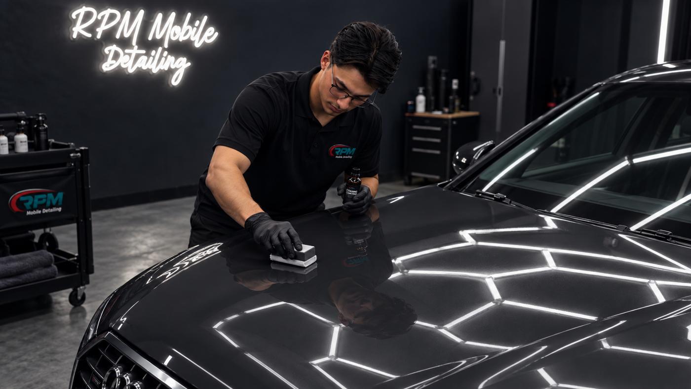 Ceramic coating being applied to a black Audi at the RPM shop