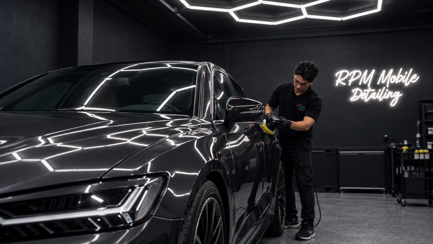 Polishing a black Audi under hex lighting at the RPM shop