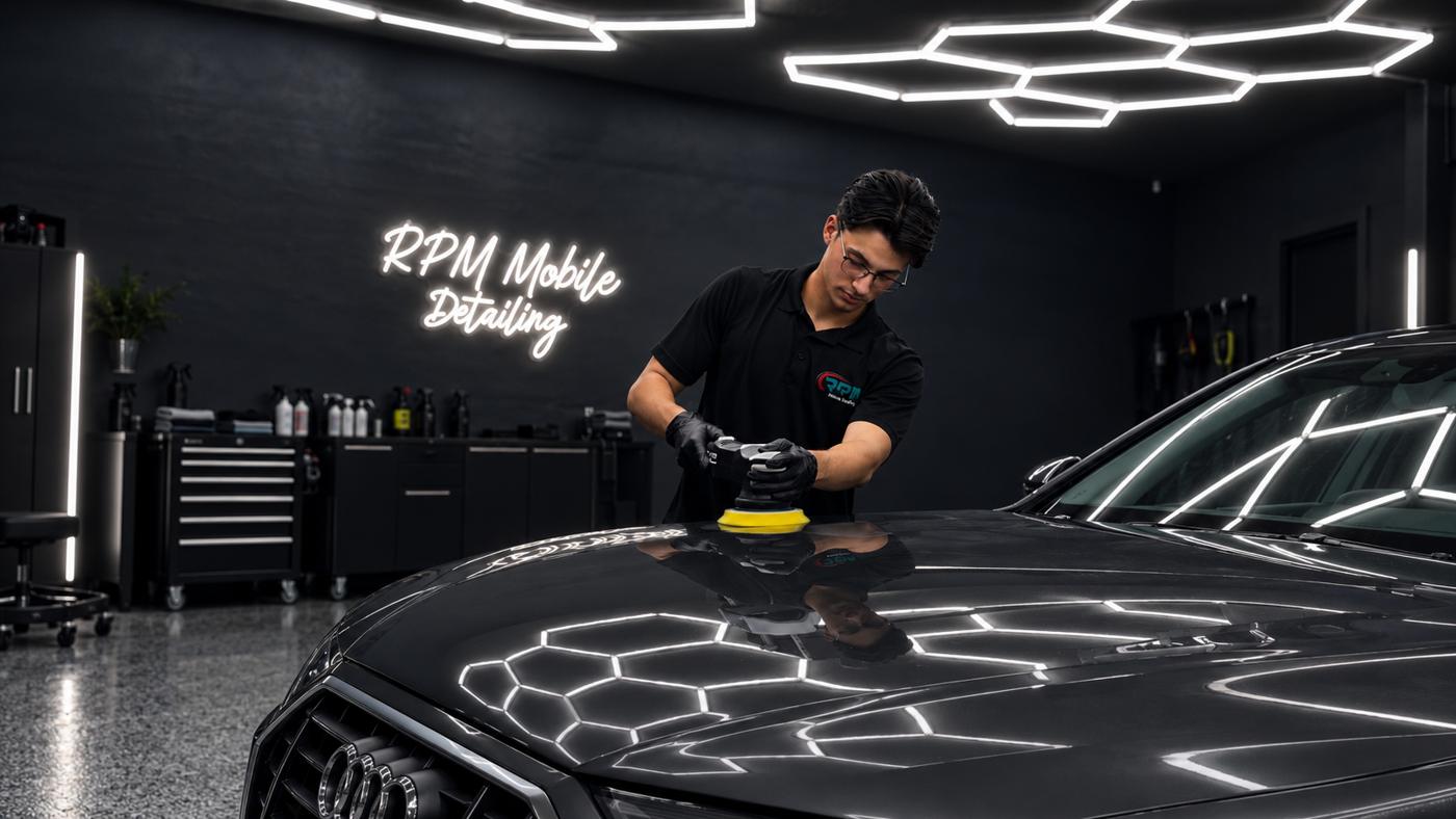 Machine polishing the hood of an Audi at the RPM shop
