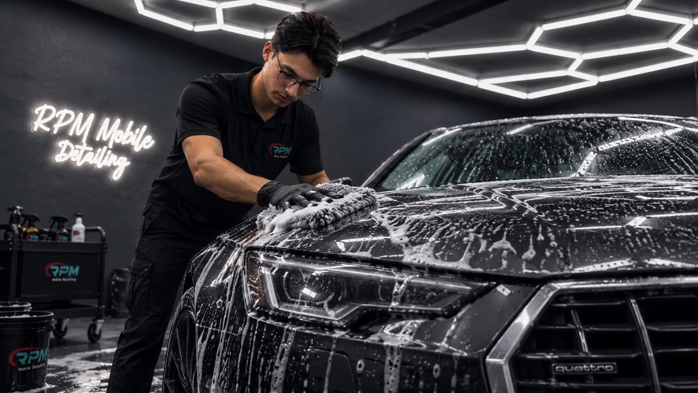 Foam hand wash on a black Audi at the RPM shop